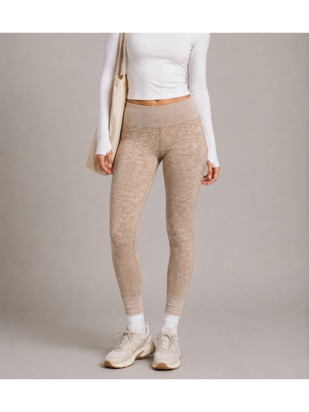 Alo Yoga Women’s High-Waist  Leggings Tan Heathered Stretch Knit Casual Wear M